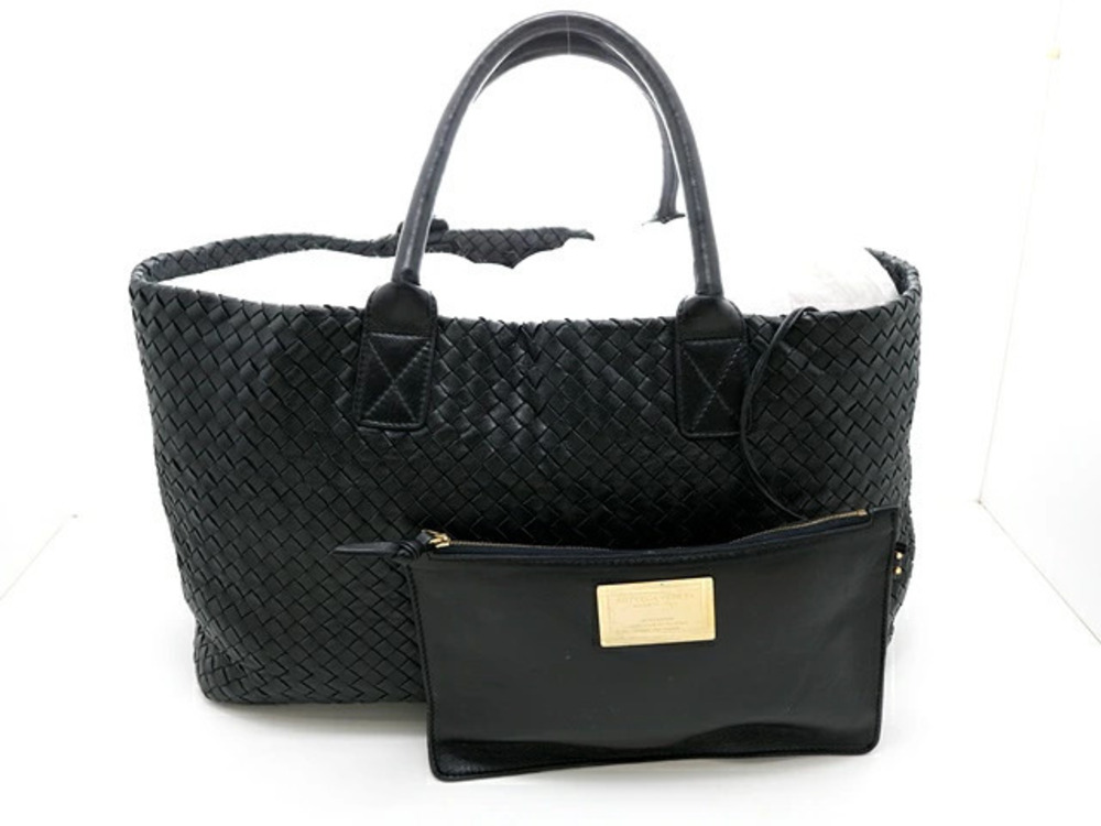BOTTEGA VENETA Cabas Tote Bag Intrecciato Black Leather Metal Plate Pouch